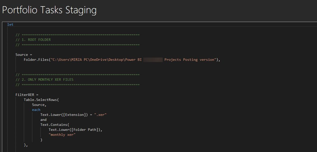 Power Query advanced editor showing the folder source and XER filter steps